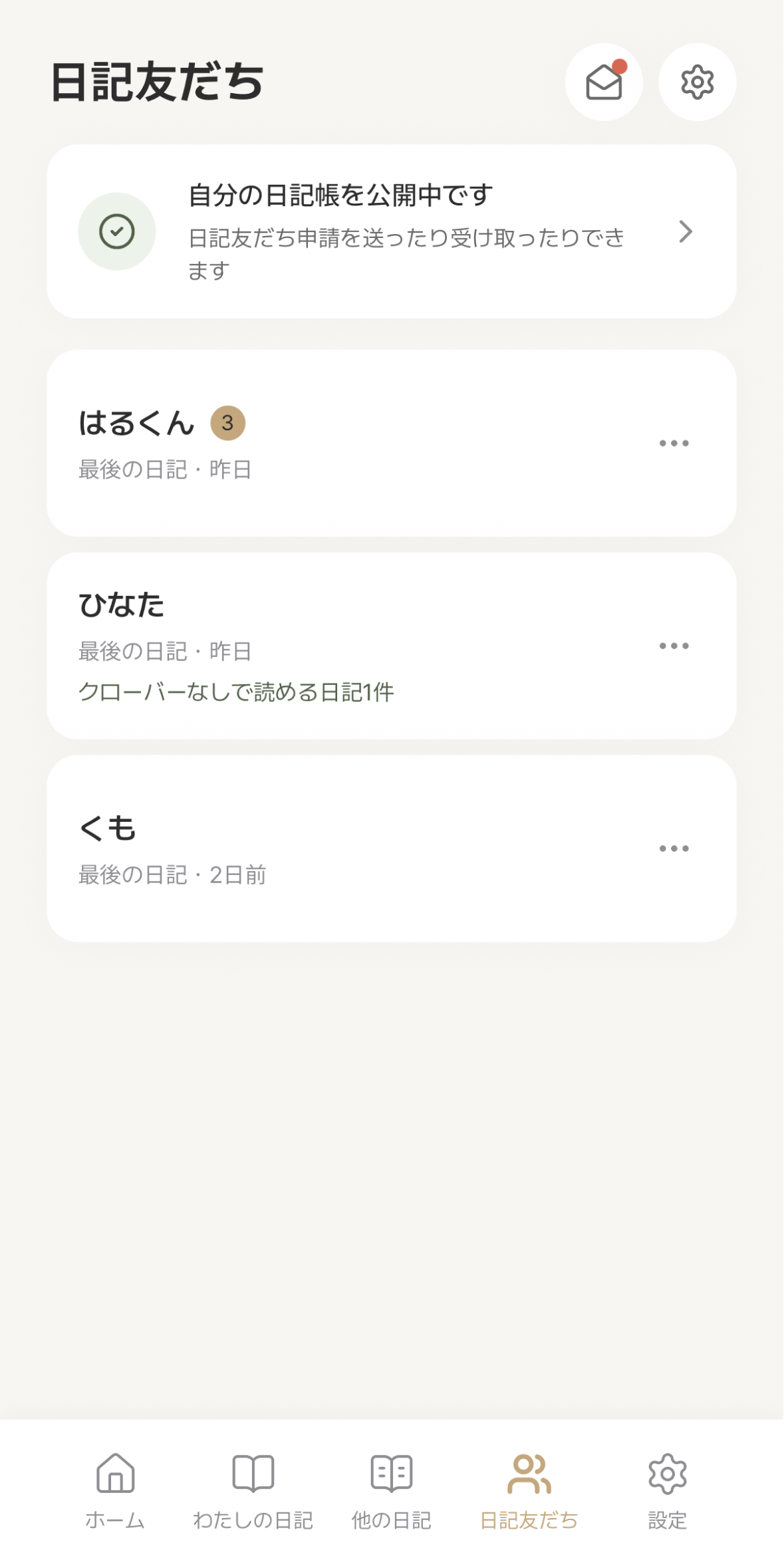 日記友だちの新しい日記を読めます